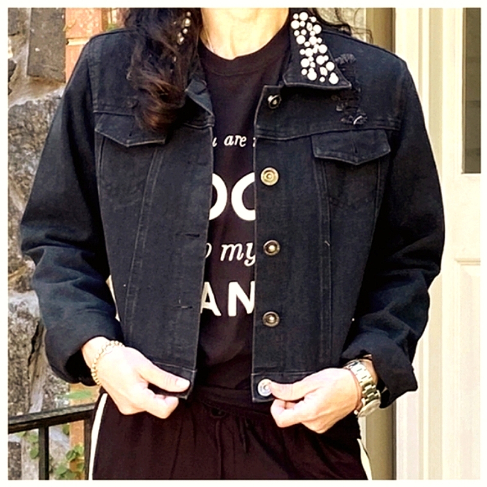 Pearled Collared Denim Jacket